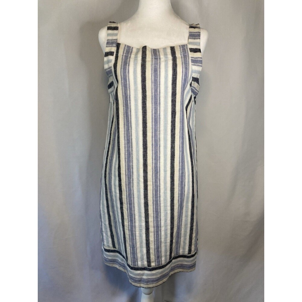 Sharagans Linen Shift Dress Women 6 Blue Beige Strips Open Back Coastal Beach
